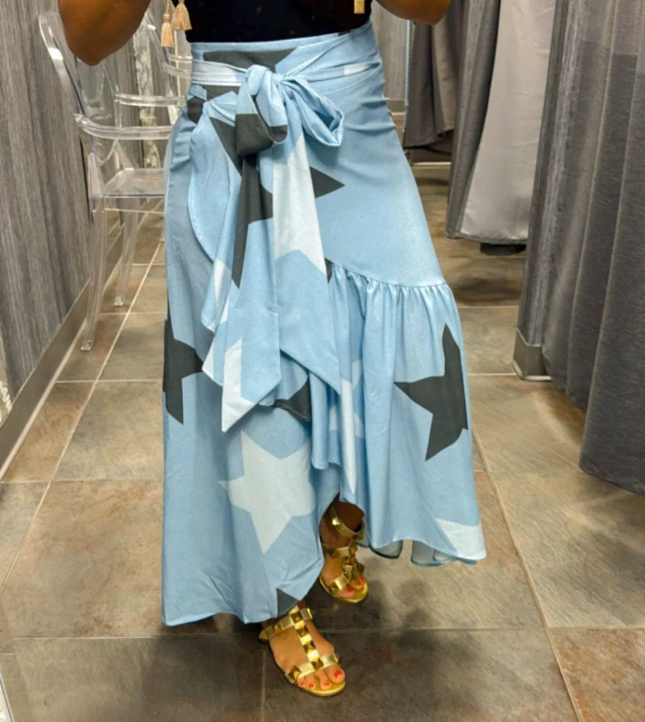 1050 Dark stars denim print wrap skirt