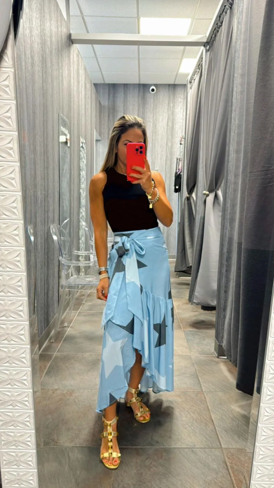 1050 Dark stars denim print wrap skirt