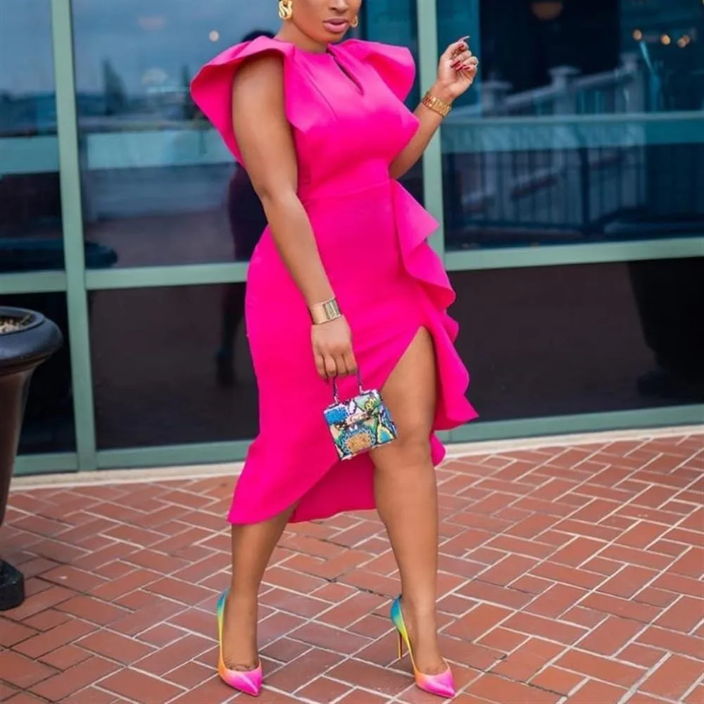 2025 Women's Elegant Formal Evening Gown Chic Ruffle Trim Cap Sleeves Bodycon Irregular Slit Hem Party Cocktail Dress