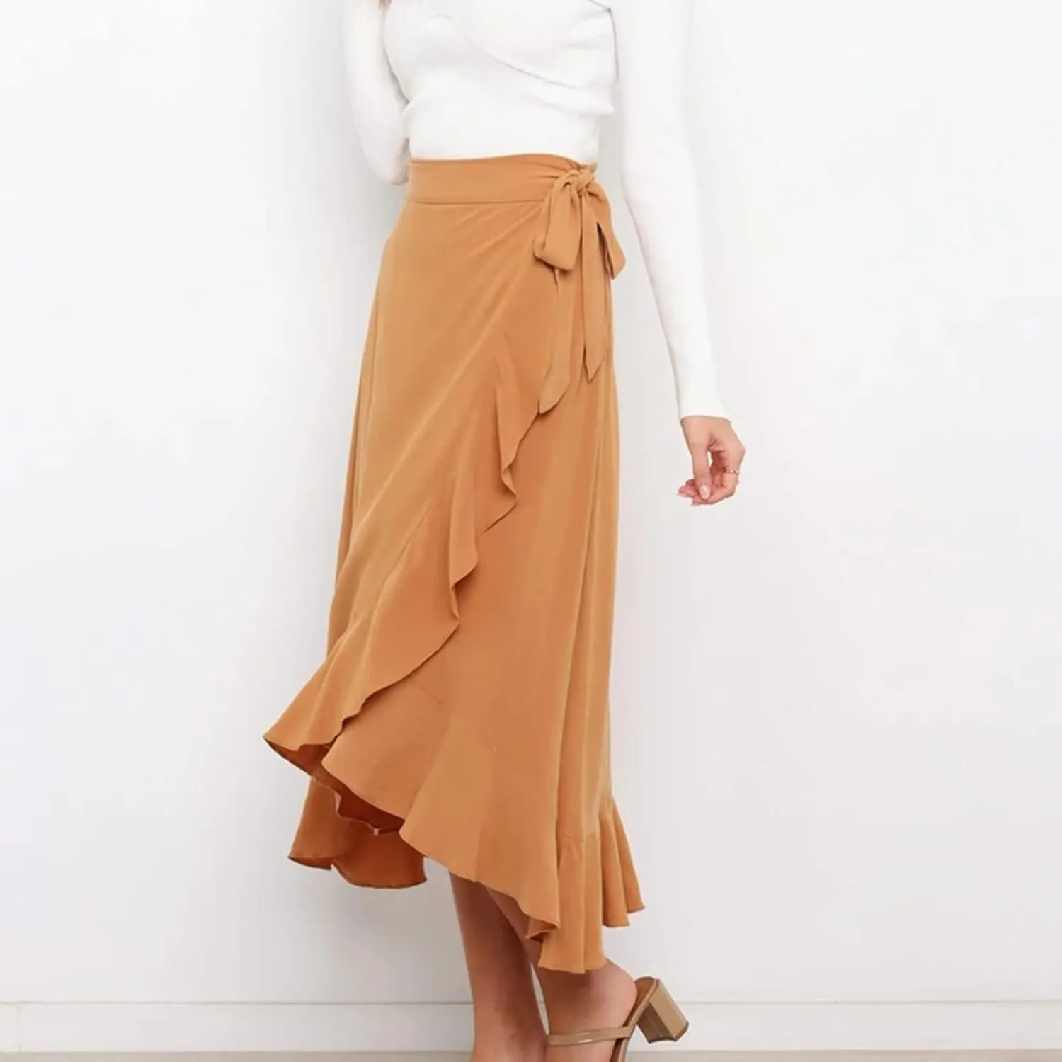 A Line Skirt for Women Elegant Flowy Ruffle Hip-Wrapped Skirts Lace up Irregular Skirt Fashion Solid Color Skirts