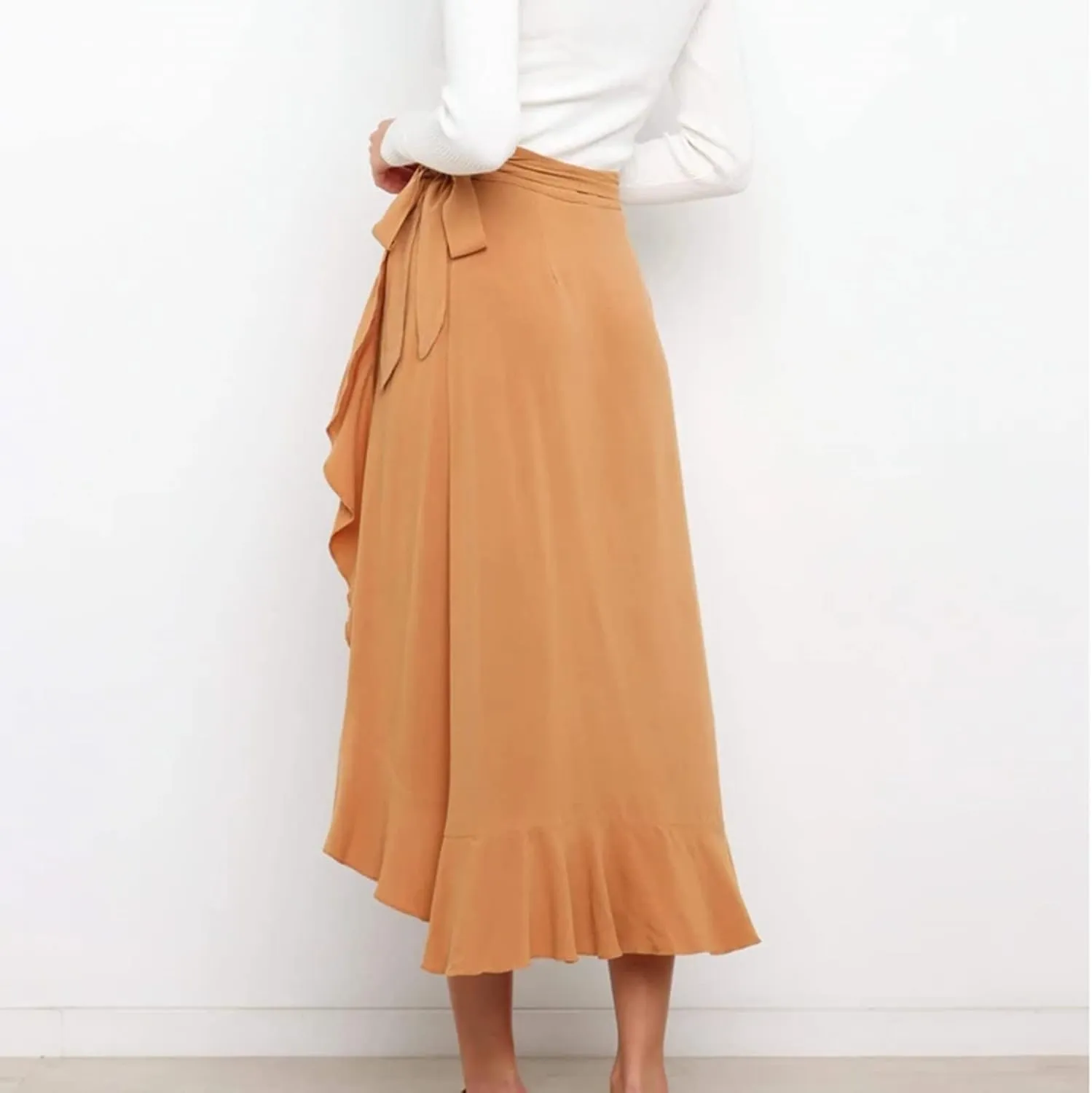 A Line Skirt for Women Elegant Flowy Ruffle Hip-Wrapped Skirts Lace up Irregular Skirt Fashion Solid Color Skirts