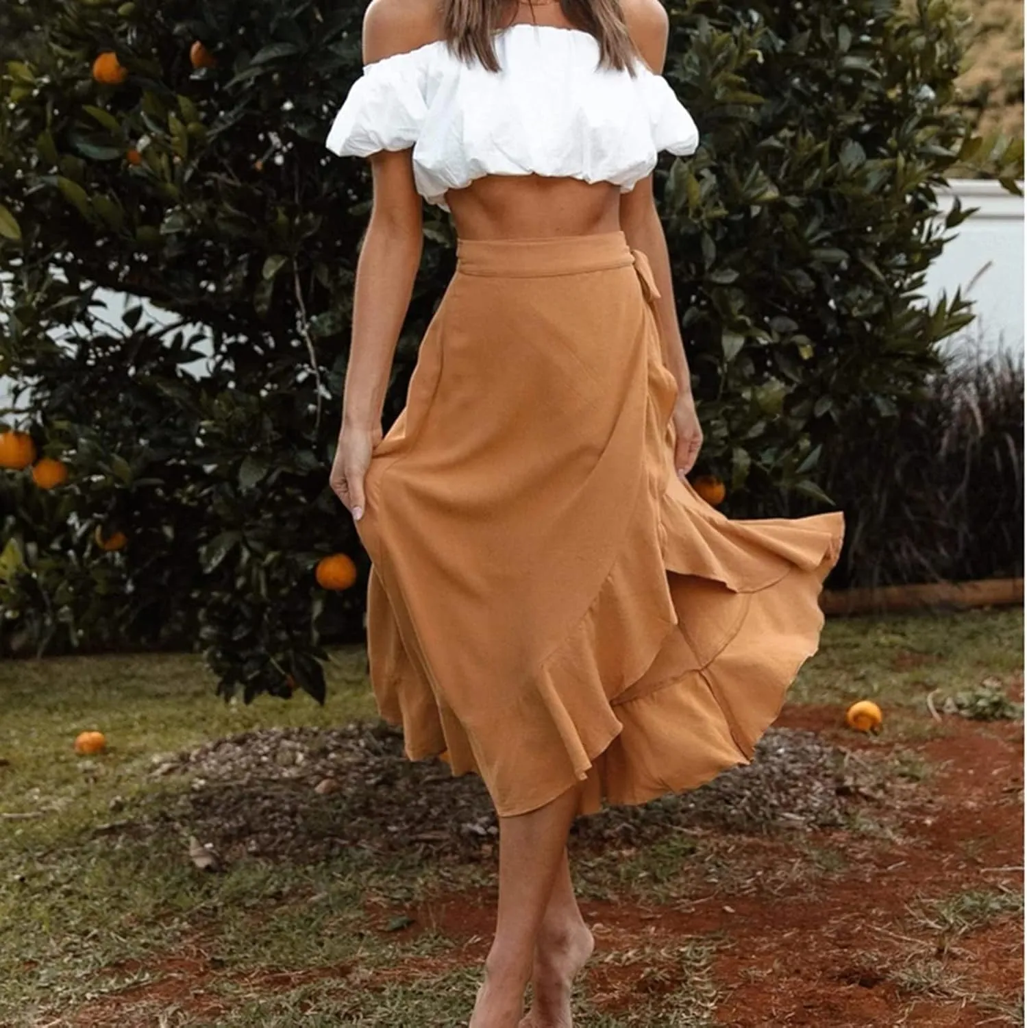 A Line Skirt for Women Elegant Flowy Ruffle Hip-Wrapped Skirts Lace up Irregular Skirt Fashion Solid Color Skirts