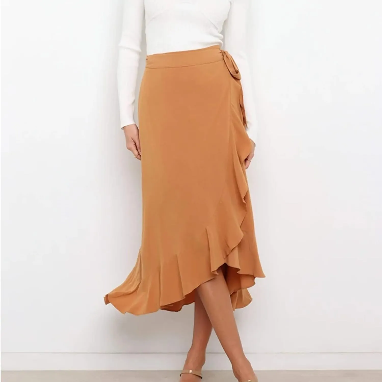 A Line Skirt for Women Elegant Flowy Ruffle Hip-Wrapped Skirts Lace up Irregular Skirt Fashion Solid Color Skirts