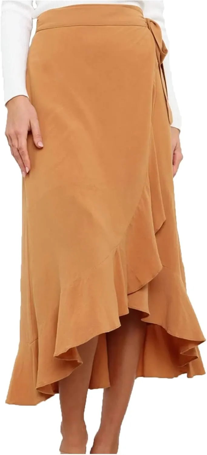 A Line Skirt for Women Elegant Flowy Ruffle Hip-Wrapped Skirts Lace up Irregular Skirt Fashion Solid Color Skirts