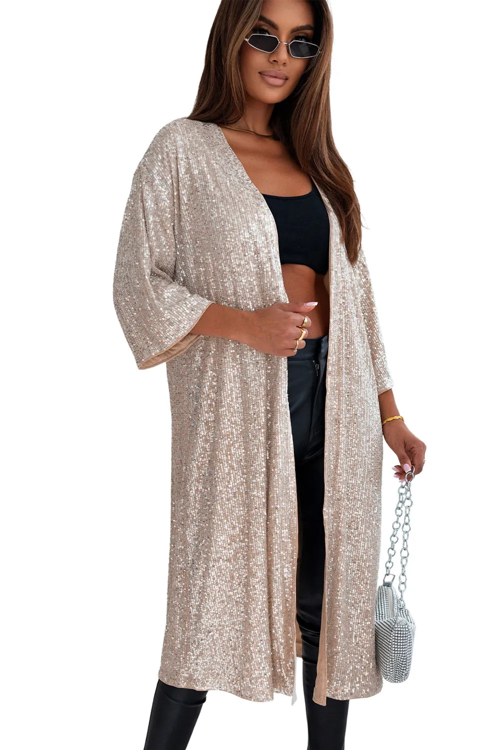 Apricot Sequin Embellished Open Front Kimono Duster