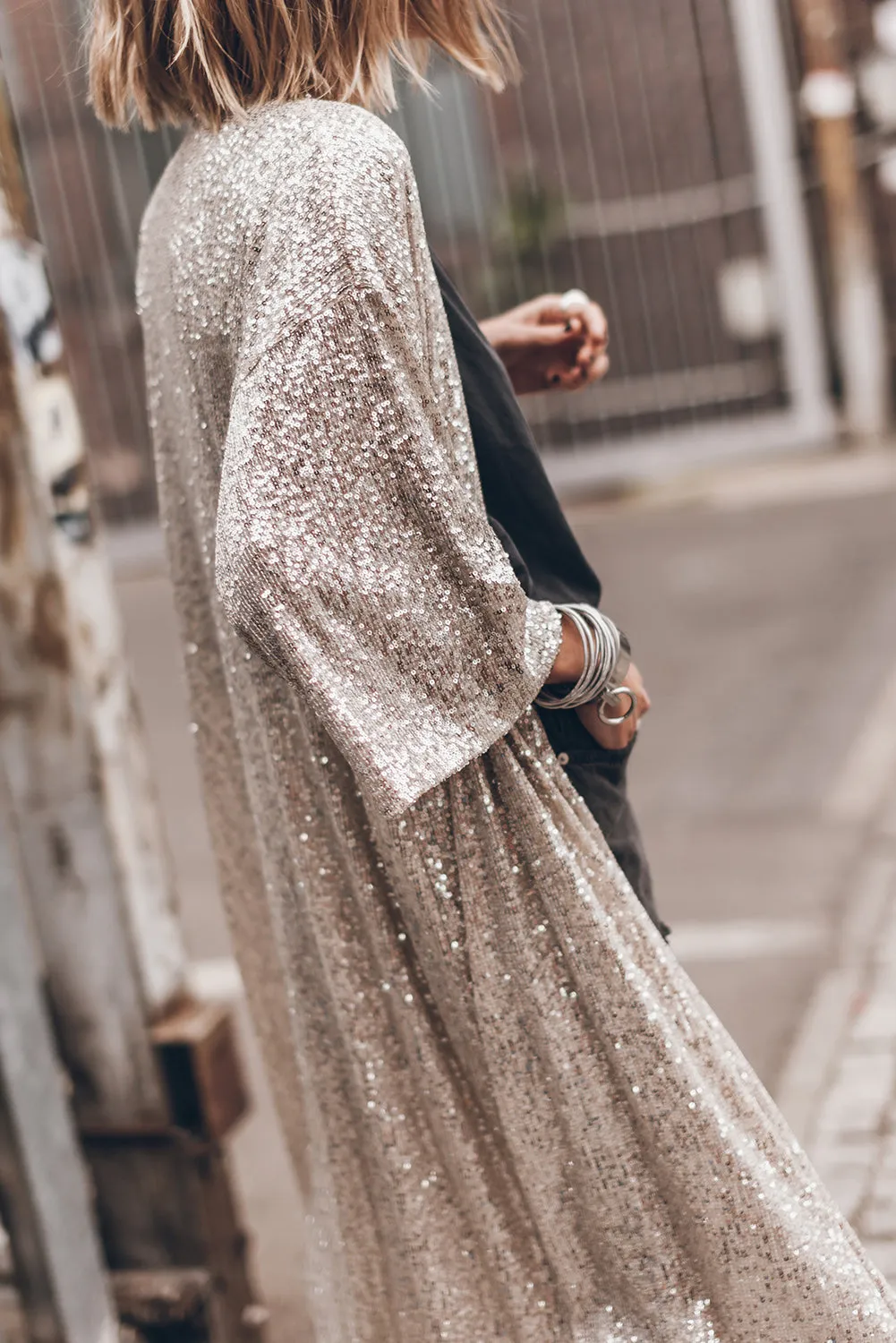Apricot Sequin Embellished Open Front Kimono Duster