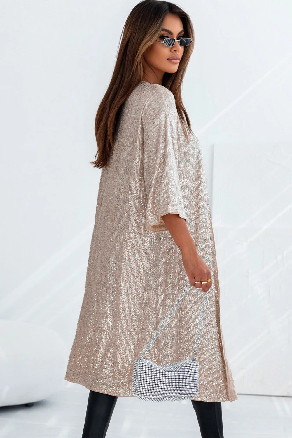 Apricot Sequin Embellished Open Front Kimono Duster