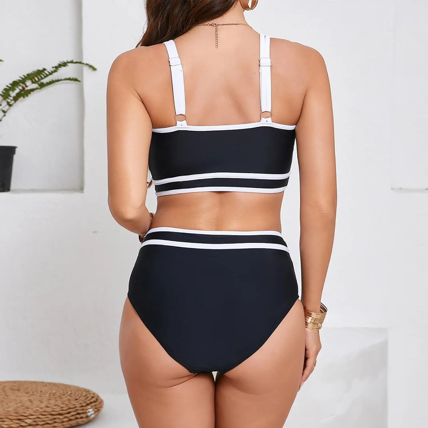 Bikini Sets for Women Push Up Two Piece Vintage Swimsuit Retro Halter Ruched High Waist Bikini with Bottom