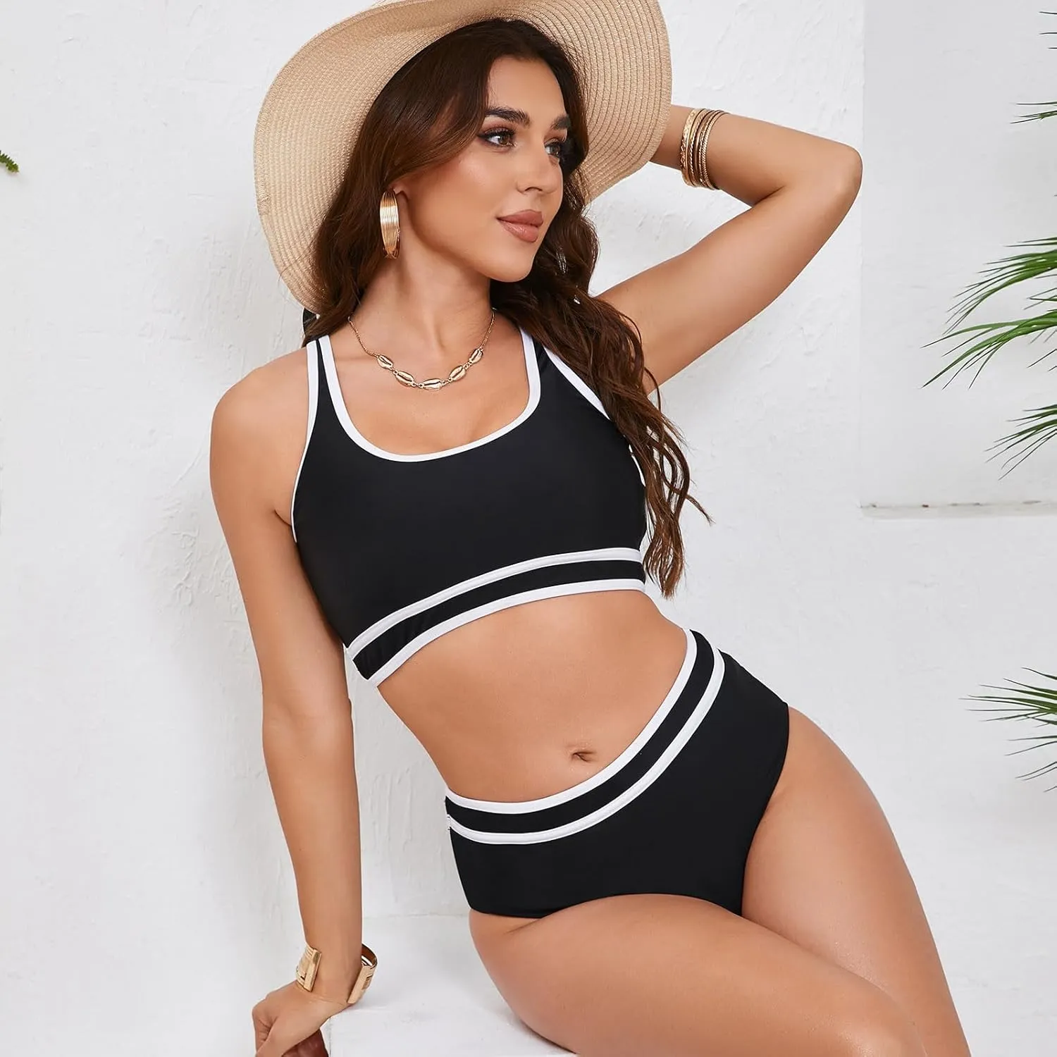 Bikini Sets for Women Push Up Two Piece Vintage Swimsuit Retro Halter Ruched High Waist Bikini with Bottom