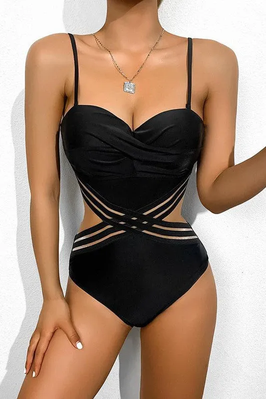 Black Heart-Shaped Halter Cross One Piece Swimsuit