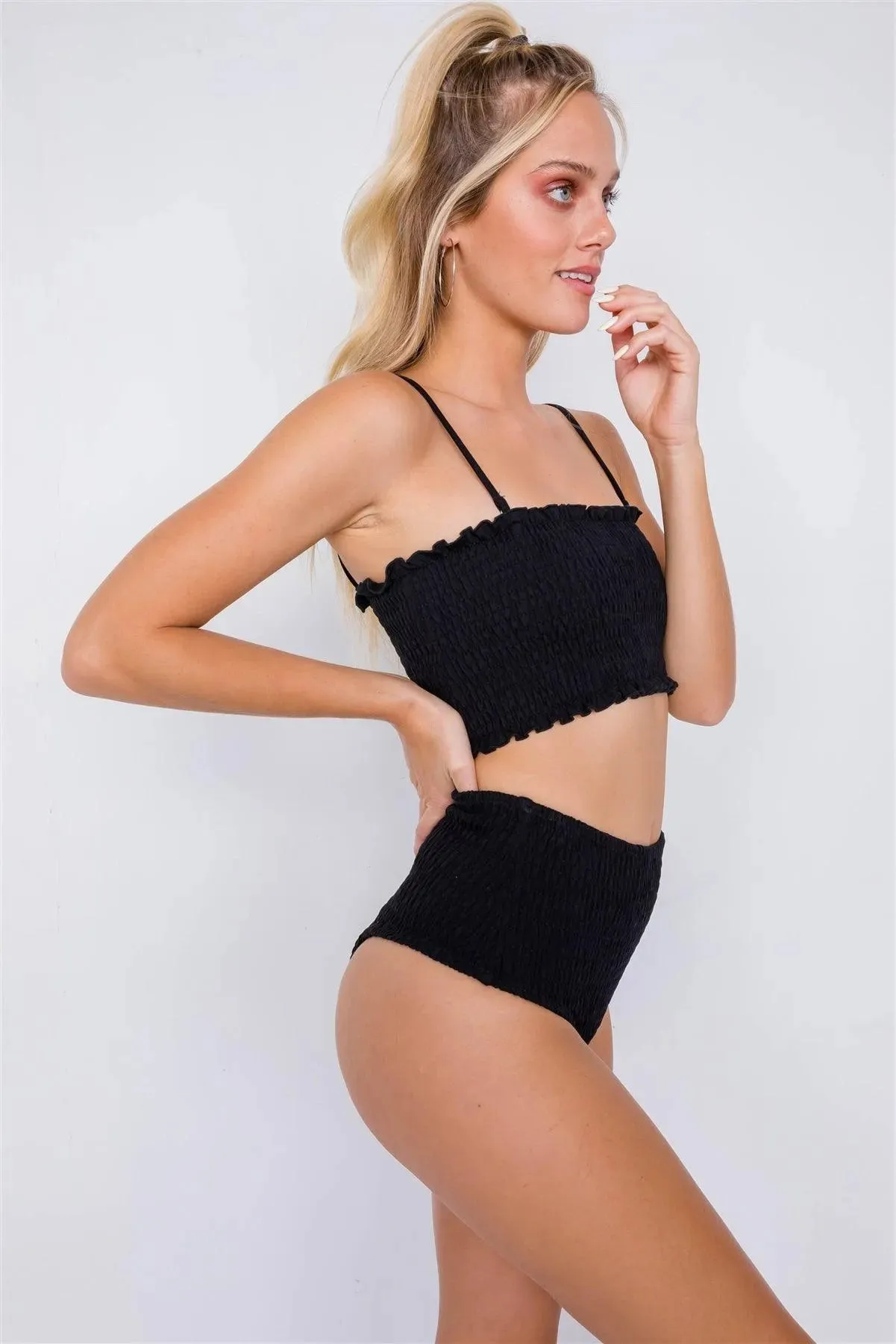 Black Ruched Square Neck High Waist Bikini Set  /3-2-1