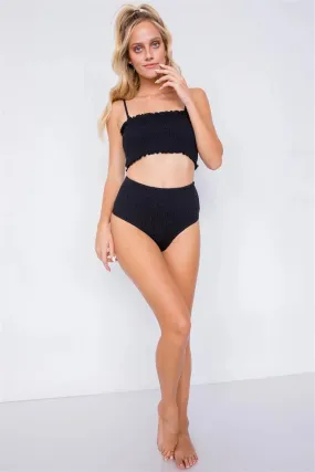 Black Ruched Square Neck High Waist Bikini Set  /3-2-1