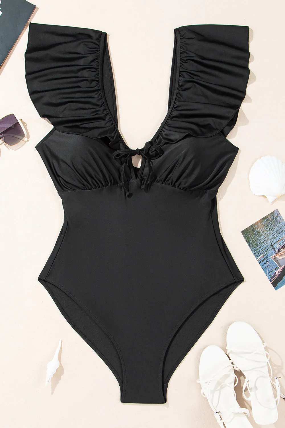 Black Ruffle Sleeve Lace-up V Neck Plus Size One Piece Swimsuit