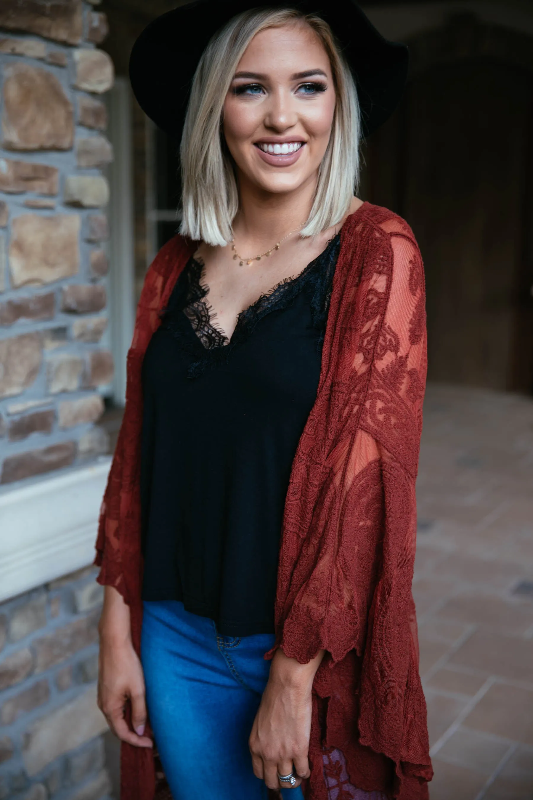 Boho Babe Bell Sleeve Lace Kimono Duster - Dark Rust