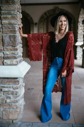 Boho Babe Bell Sleeve Lace Kimono Duster - Dark Rust