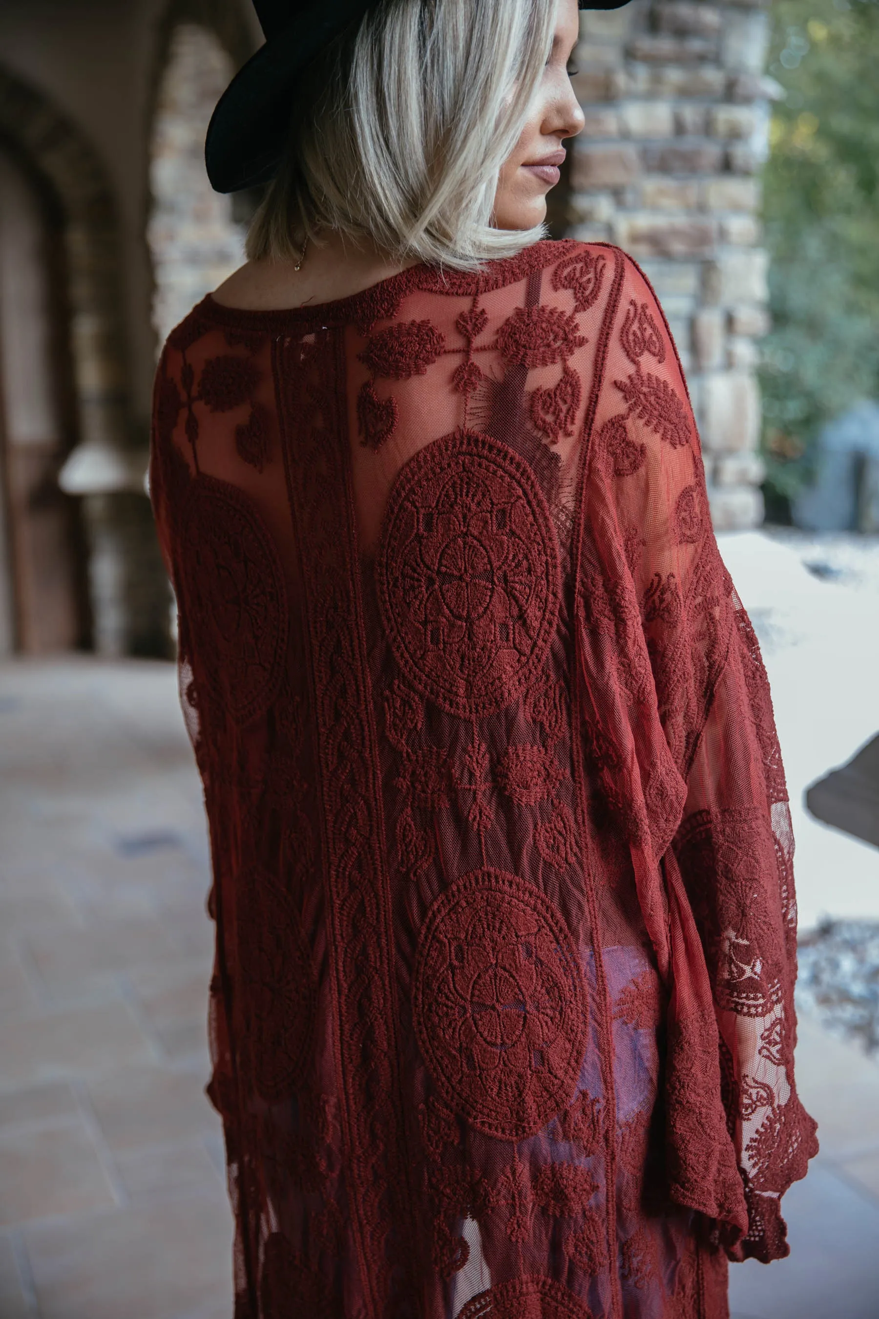 Boho Babe Bell Sleeve Lace Kimono Duster - Dark Rust