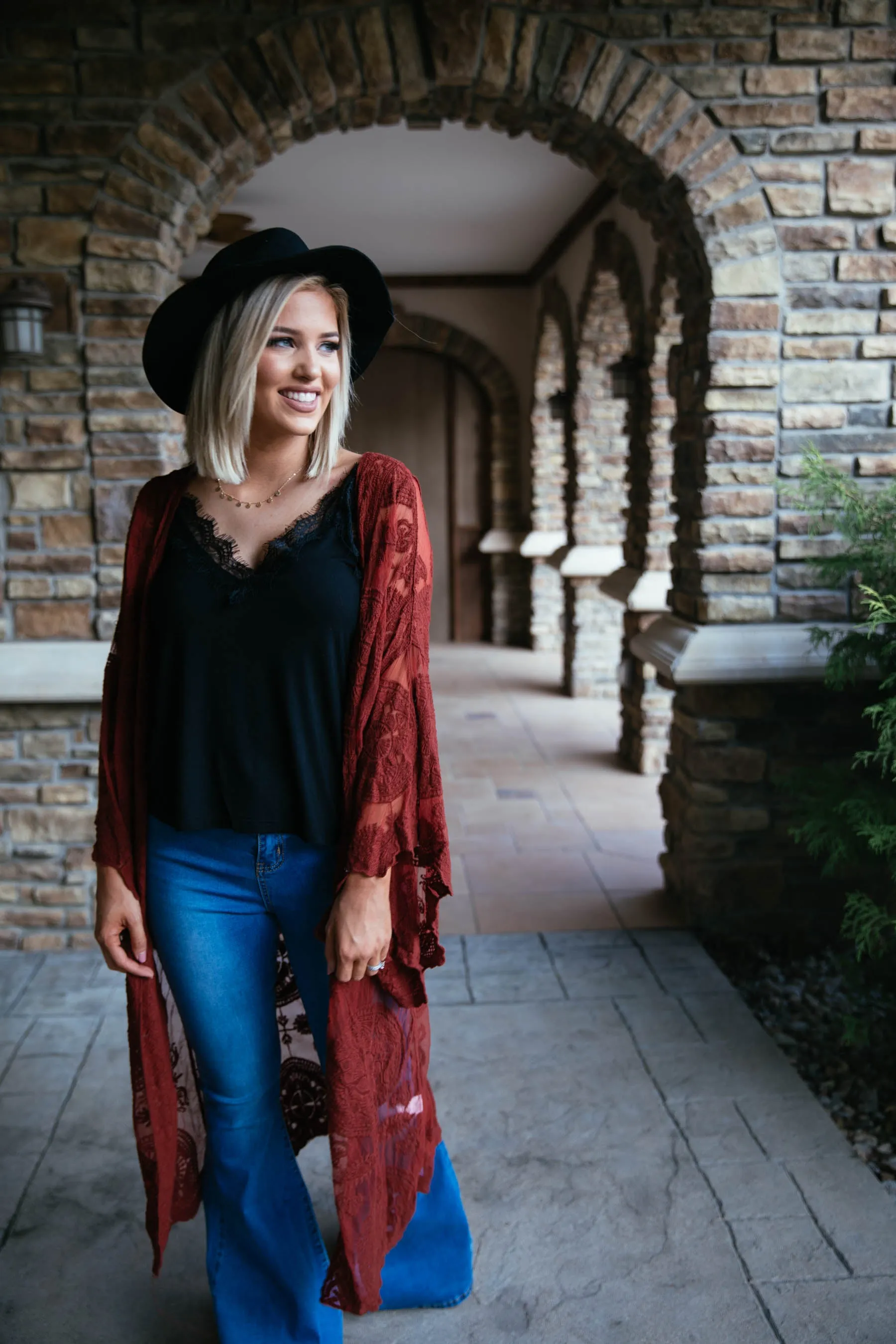 Boho Babe Bell Sleeve Lace Kimono Duster - Dark Rust