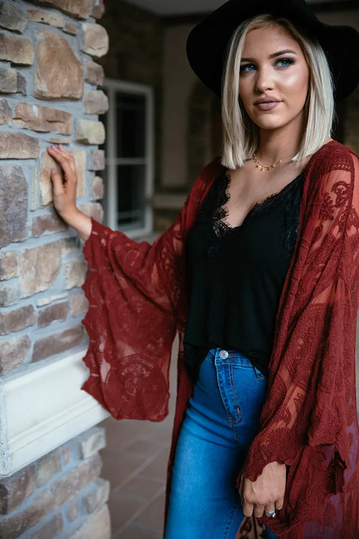 Boho Babe Bell Sleeve Lace Kimono Duster - Dark Rust