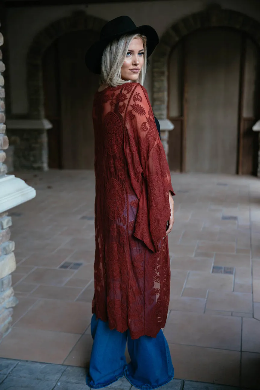 Boho Babe Bell Sleeve Lace Kimono Duster - Dark Rust