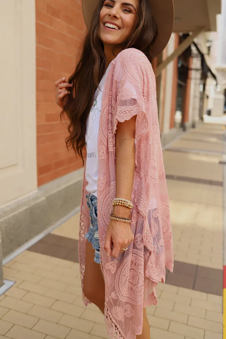 Boho Beautiful Lace Crochet Mandala Kimono - Blush