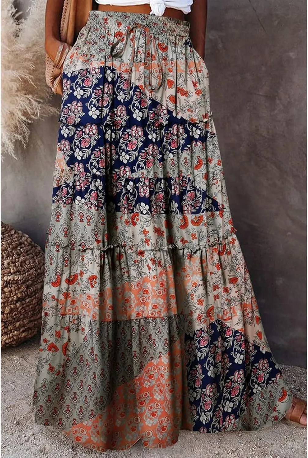 Boho Maxi Skirt for Women Tie Elastic High Waist Long Skirts Casual Summer Tiered Ruffle Trendy Skirt with Pockets