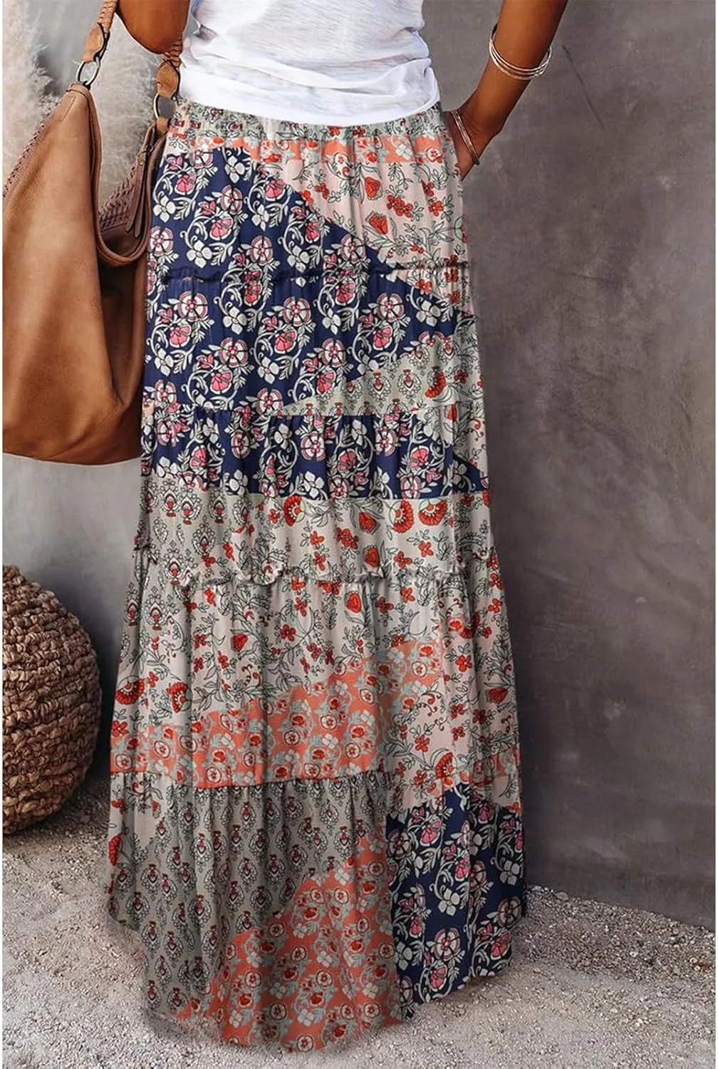 Boho Maxi Skirt for Women Tie Elastic High Waist Long Skirts Casual Summer Tiered Ruffle Trendy Skirt with Pockets