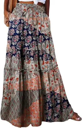 Boho Maxi Skirt for Women Tie Elastic High Waist Long Skirts Casual Summer Tiered Ruffle Trendy Skirt with Pockets
