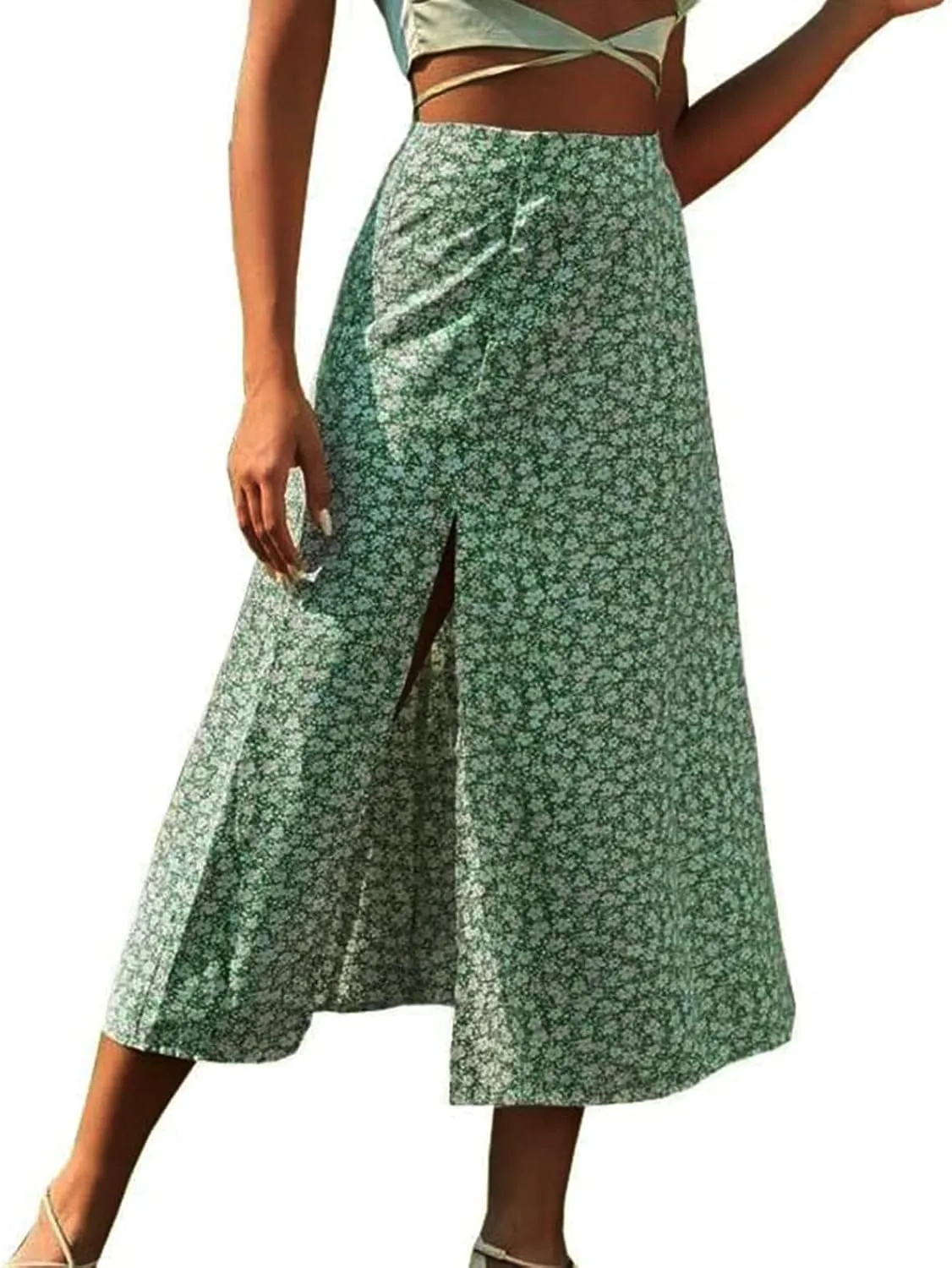 Boho Split Skirts for Women Floral Print Thigh Slit Swing High Waist A Line Midi Skirt Sexy Flared Summer Beach Skirt