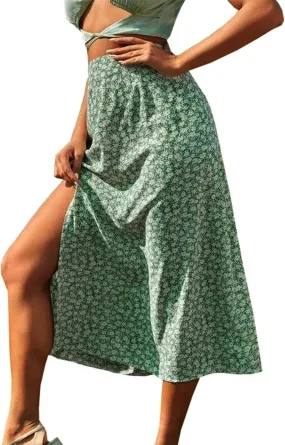 Boho Split Skirts for Women Floral Print Thigh Slit Swing High Waist A Line Midi Skirt Sexy Flared Summer Beach Skirt