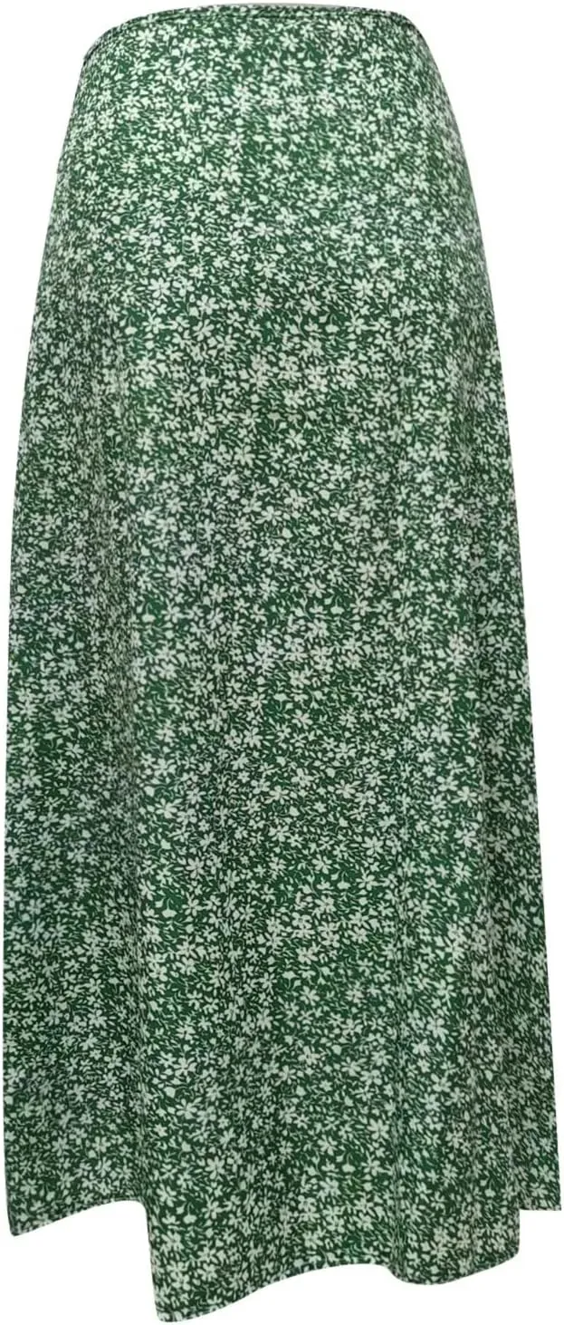 Boho Split Skirts for Women Floral Print Thigh Slit Swing High Waist A Line Midi Skirt Sexy Flared Summer Beach Skirt