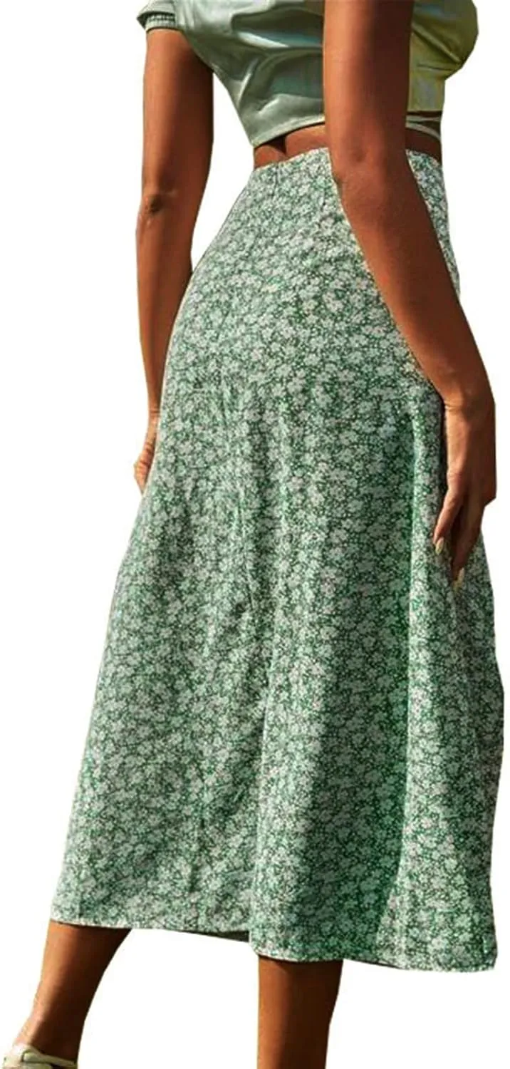 Boho Split Skirts for Women Floral Print Thigh Slit Swing High Waist A Line Midi Skirt Sexy Flared Summer Beach Skirt