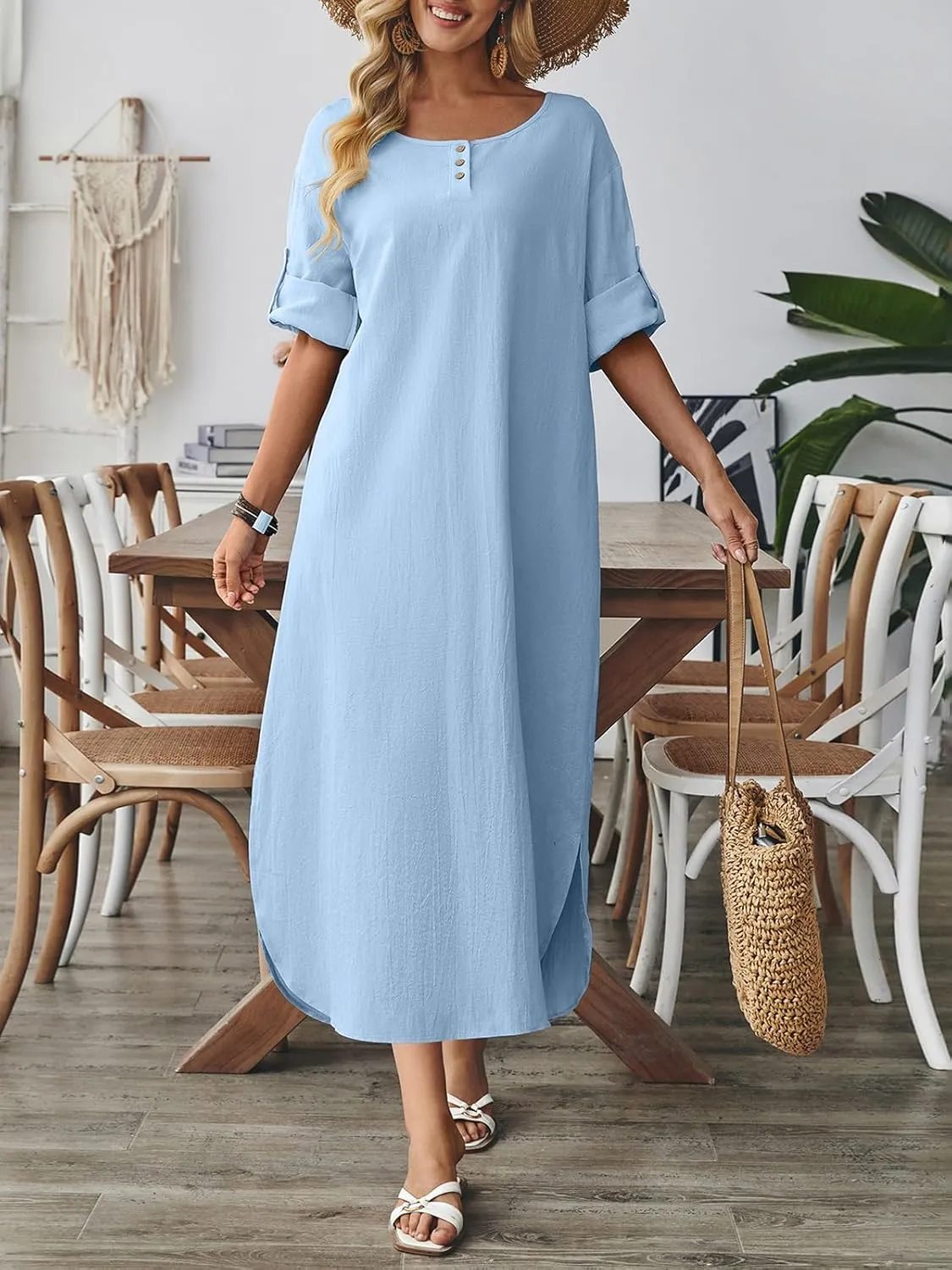 Celmia Autumn Solid Loose Long Maxi Dress Cotton Caftan