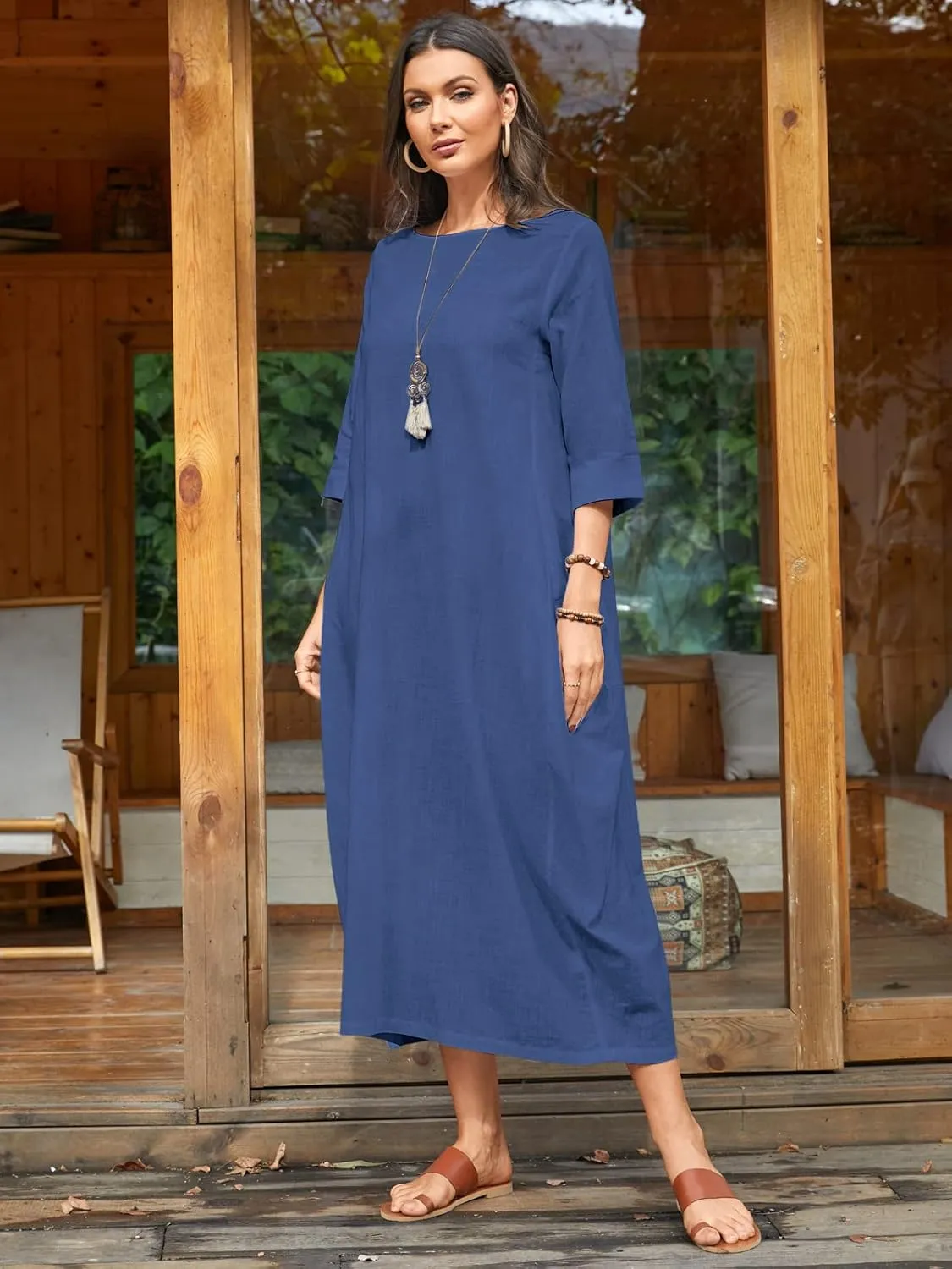 Celmia Autumn Solid Loose Long Maxi Dress Cotton Caftan