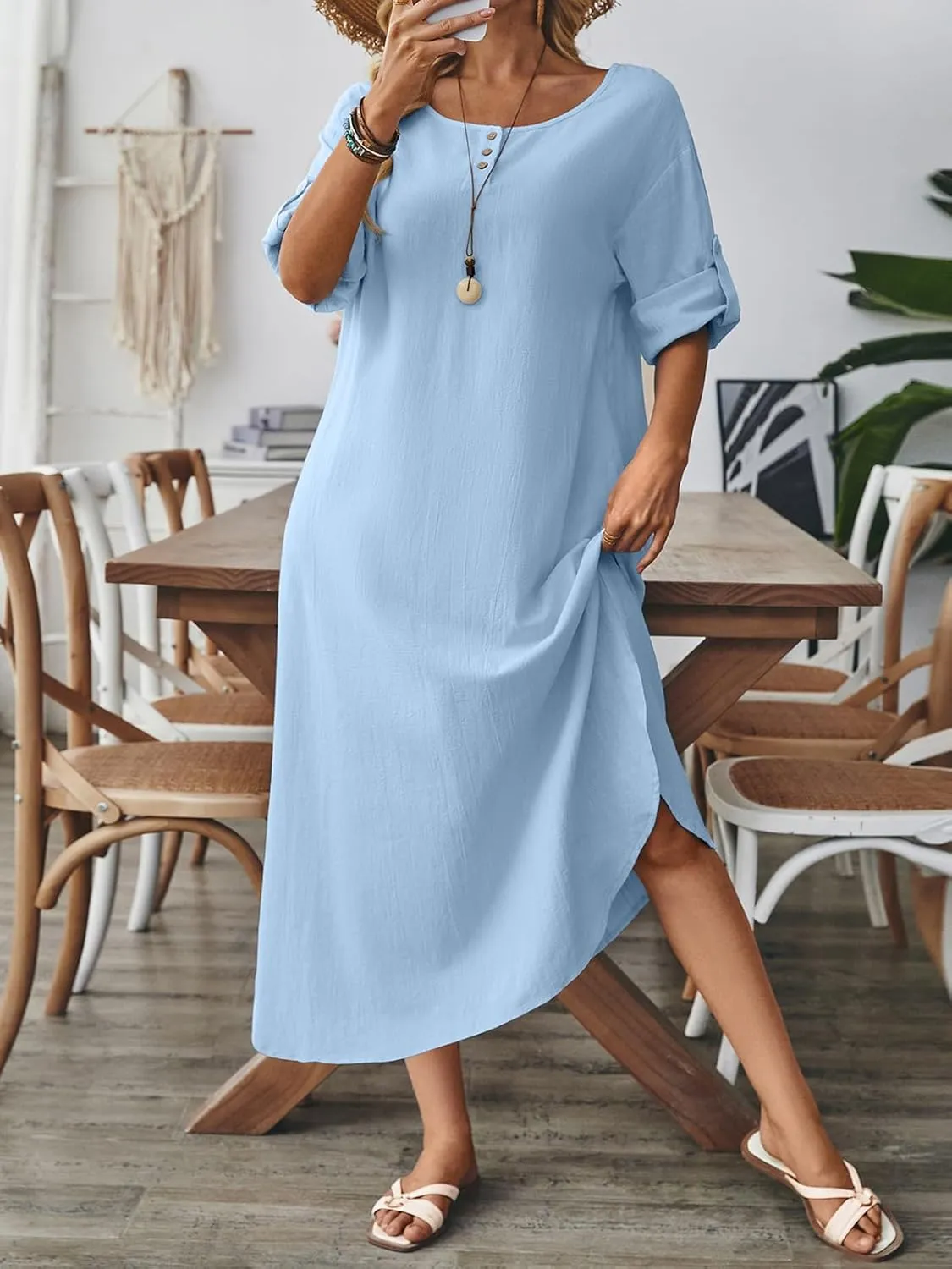 Celmia Autumn Solid Loose Long Maxi Dress Cotton Caftan