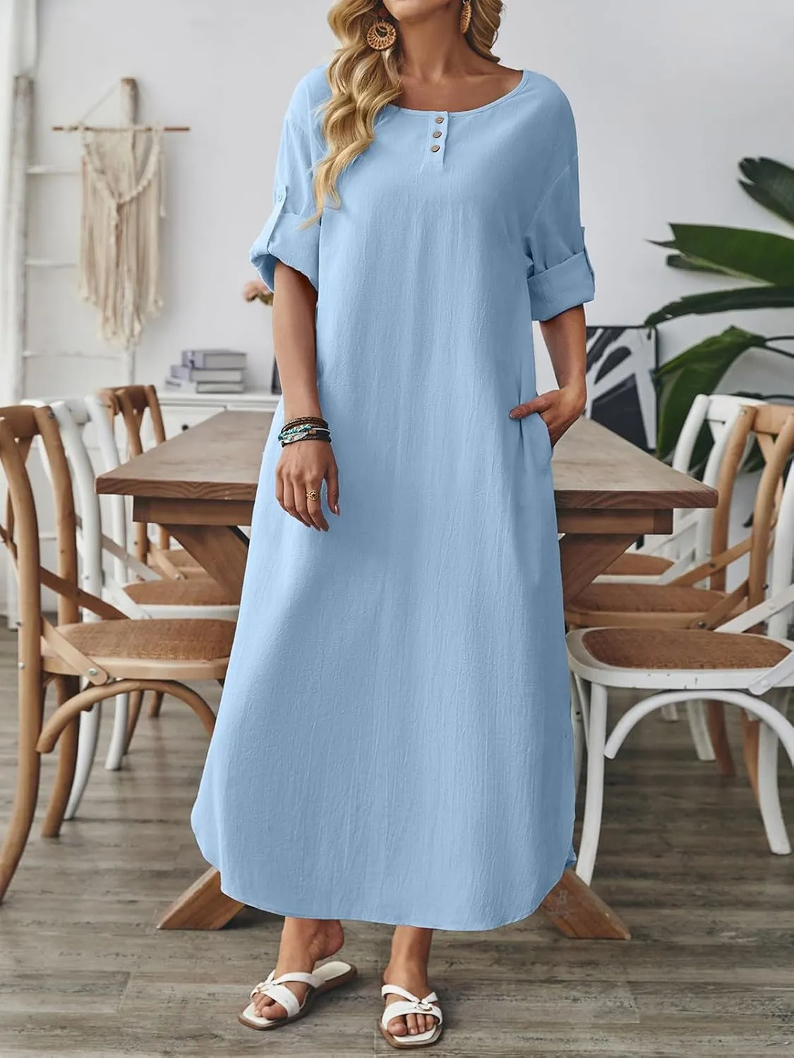 Celmia Autumn Solid Loose Long Maxi Dress Cotton Caftan