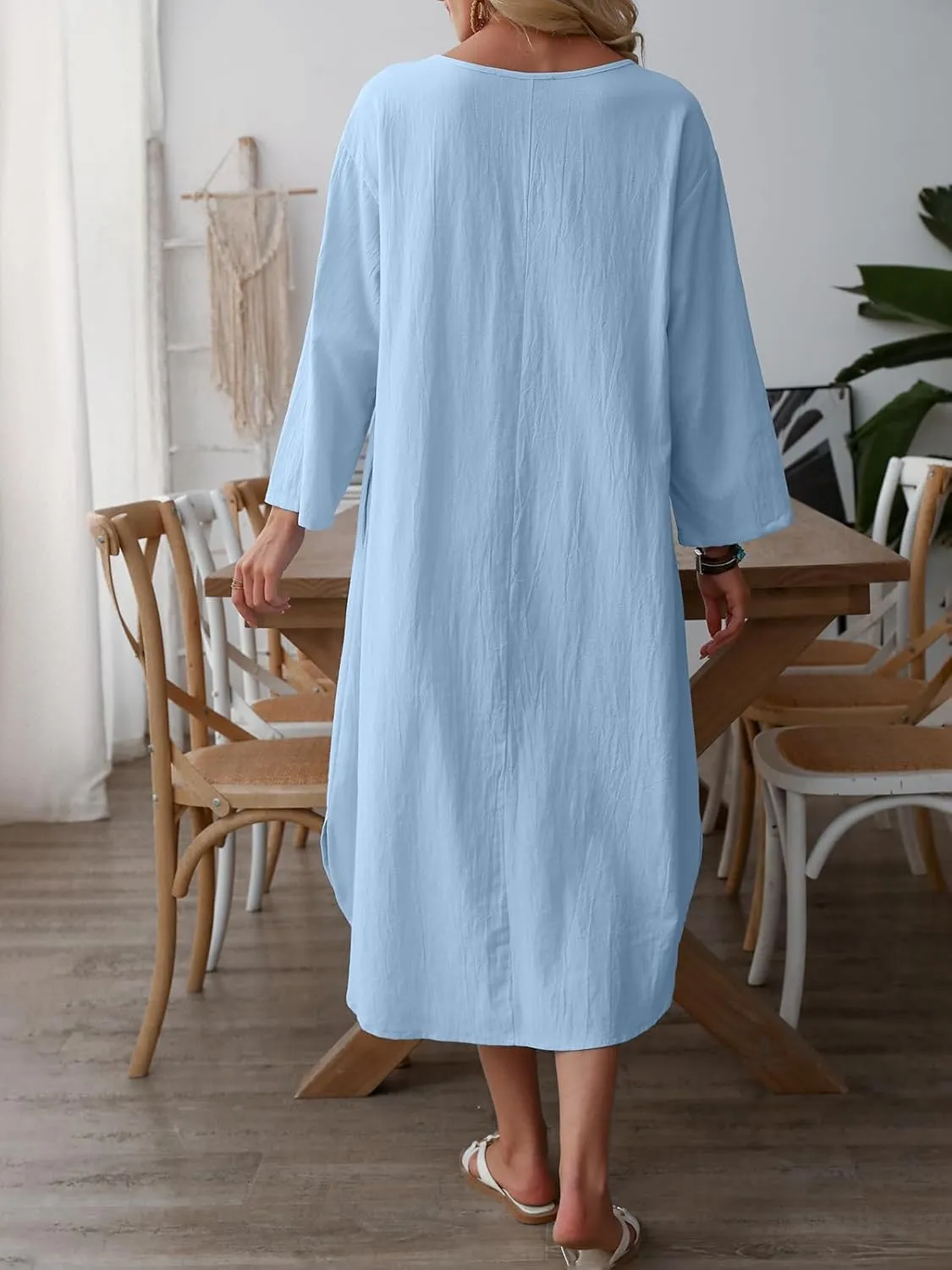 Celmia Autumn Solid Loose Long Maxi Dress Cotton Caftan
