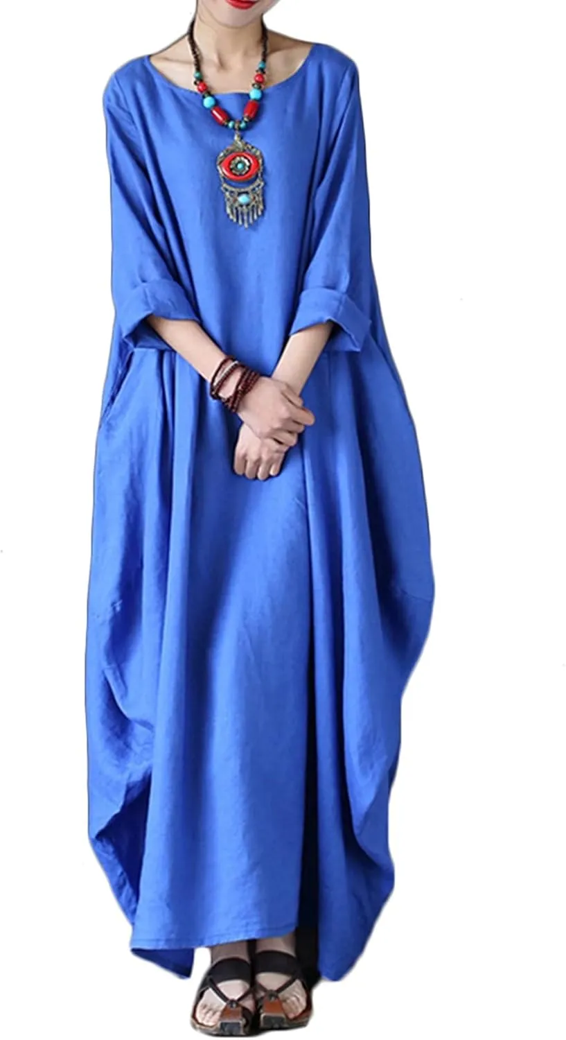 Celmia Autumn Solid Loose Long Maxi Dress Cotton Caftan