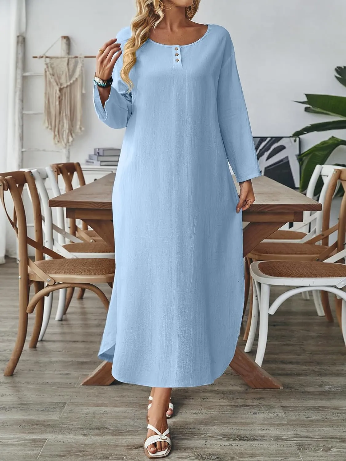 Celmia Autumn Solid Loose Long Maxi Dress Cotton Caftan