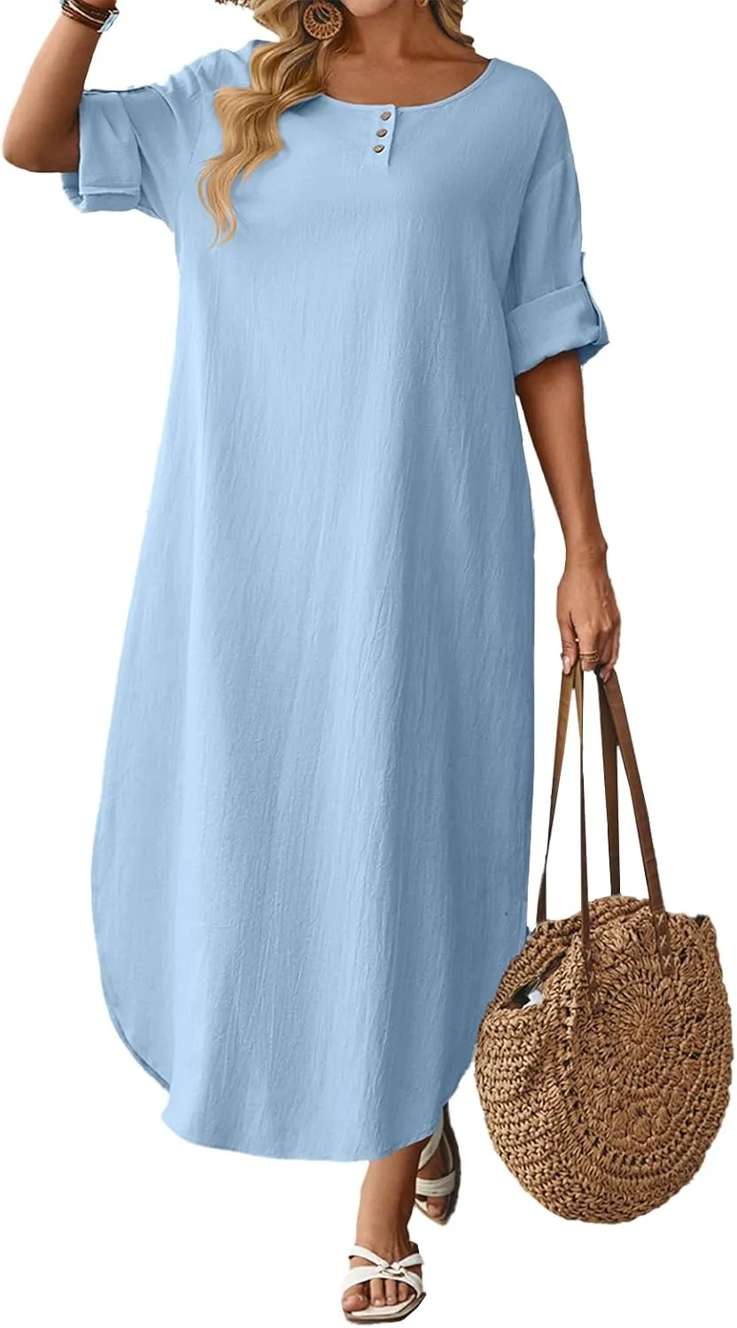 Celmia Autumn Solid Loose Long Maxi Dress Cotton Caftan