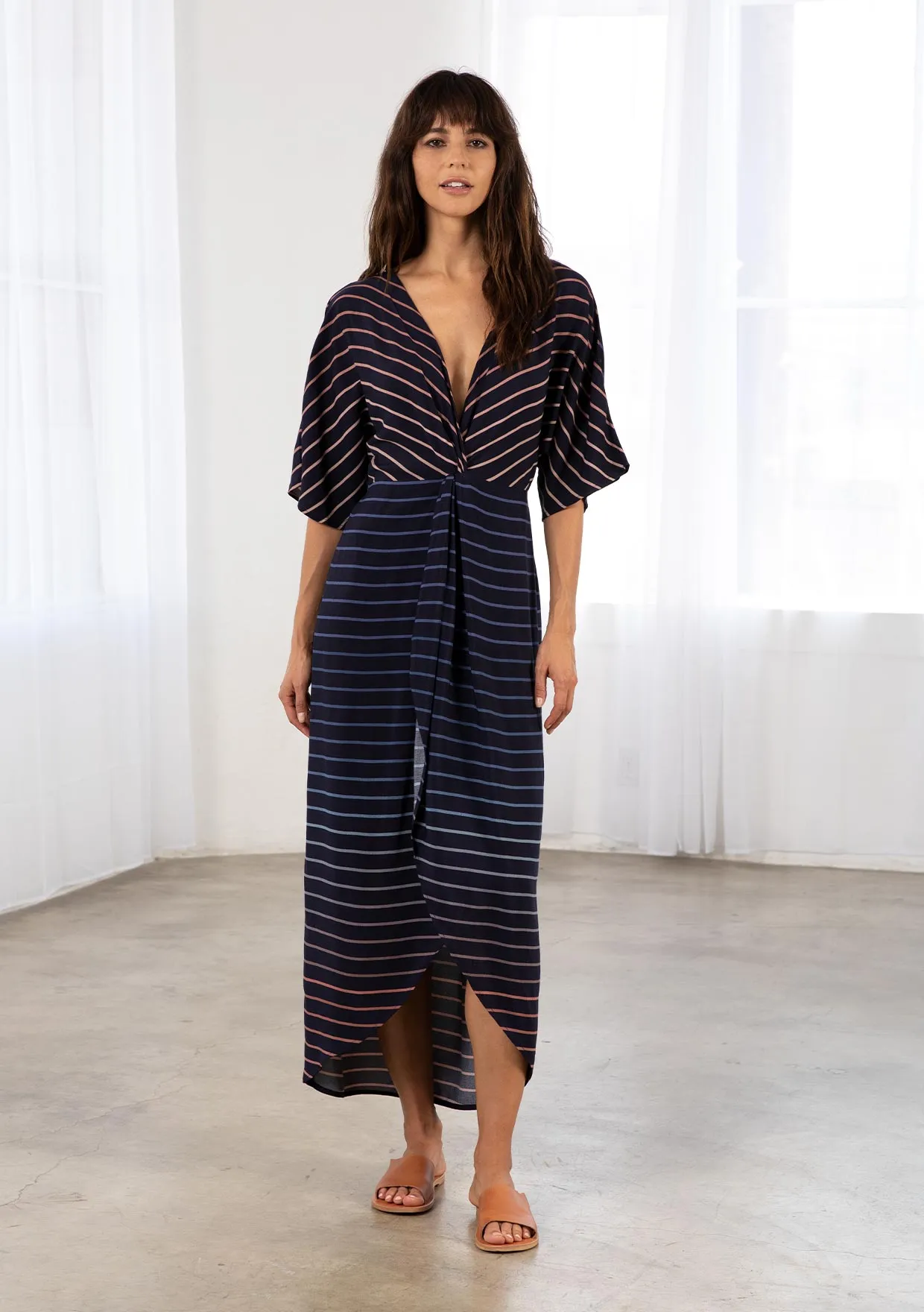 Chic Striped Kimono Sleeve Faux Wrap Midi Dress