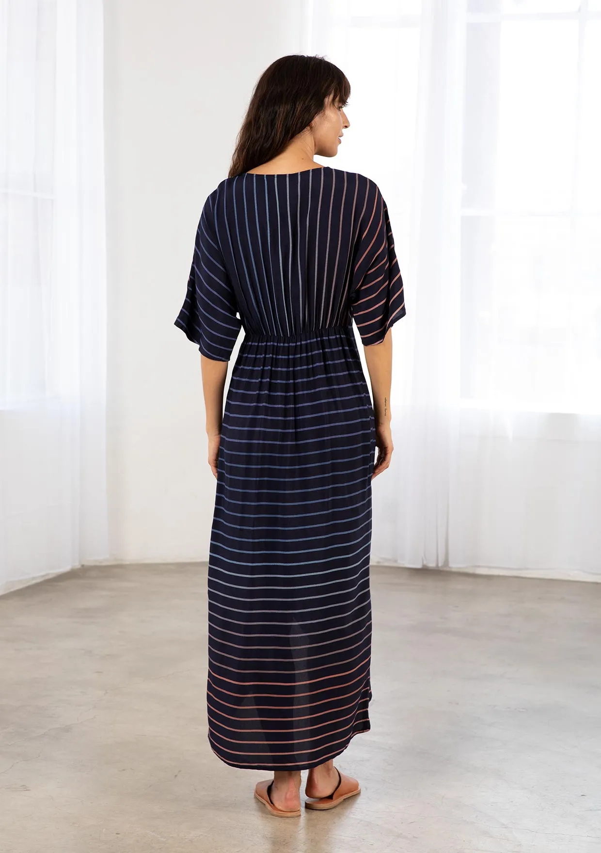 Chic Striped Kimono Sleeve Faux Wrap Midi Dress