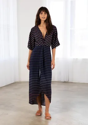 Chic Striped Kimono Sleeve Faux Wrap Midi Dress