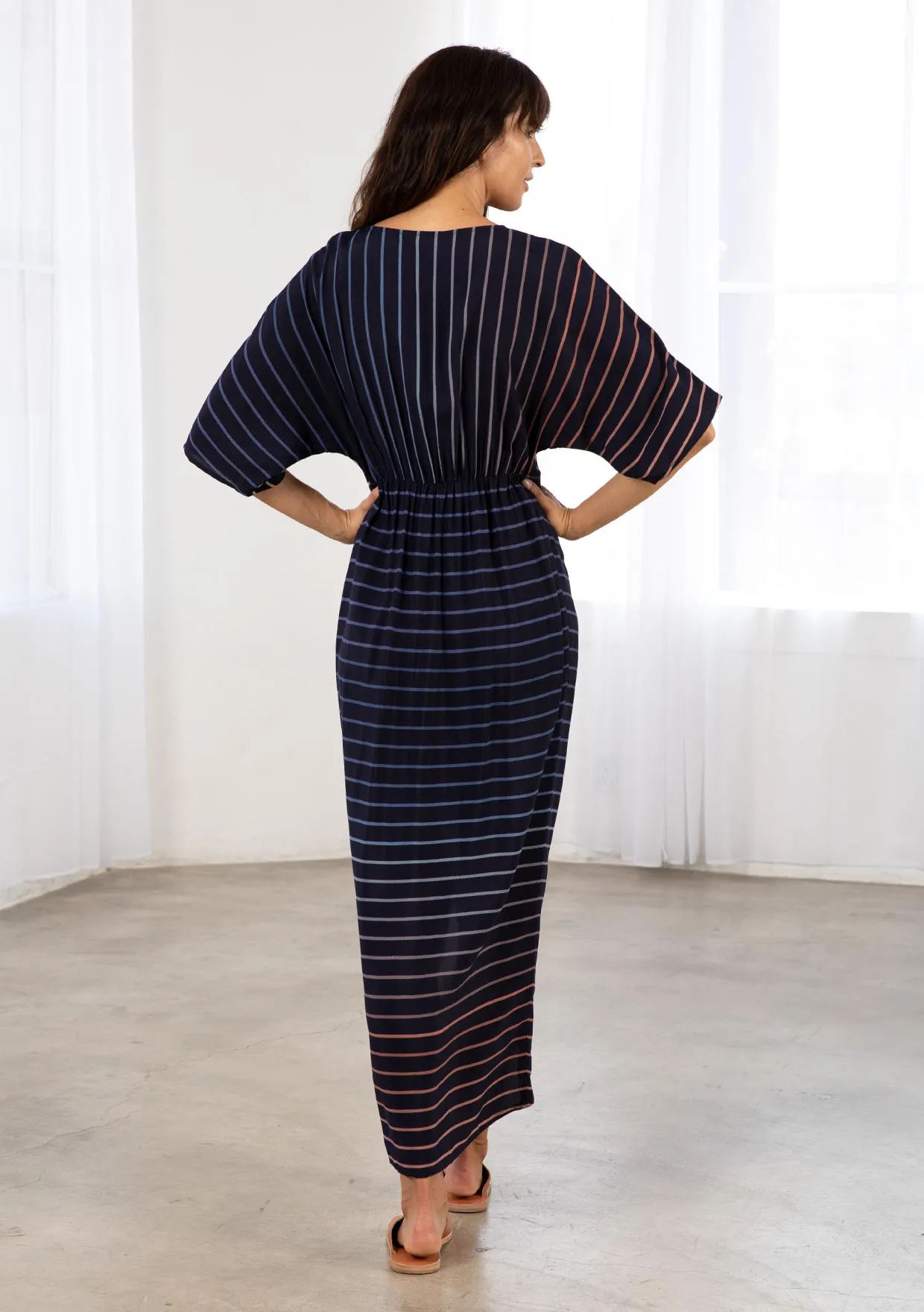 Chic Striped Kimono Sleeve Faux Wrap Midi Dress
