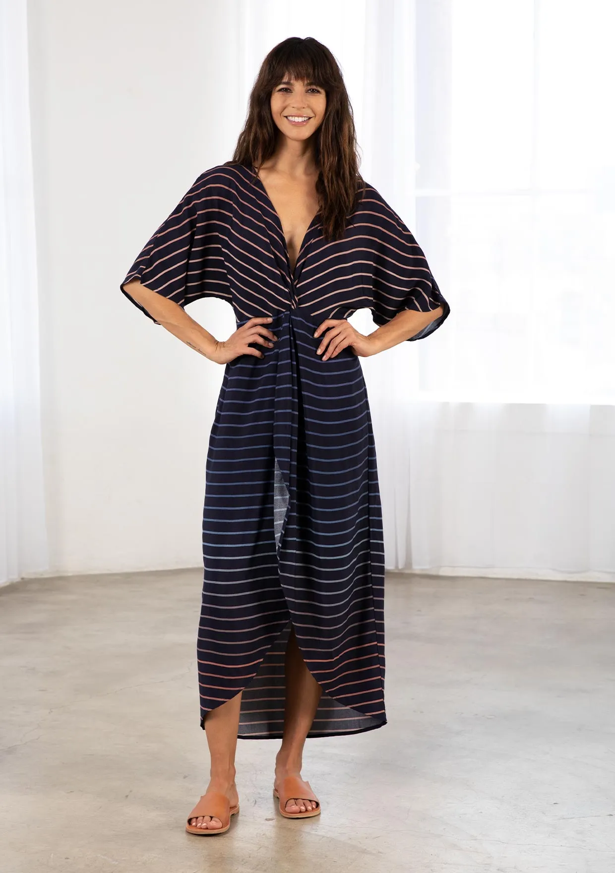 Chic Striped Kimono Sleeve Faux Wrap Midi Dress