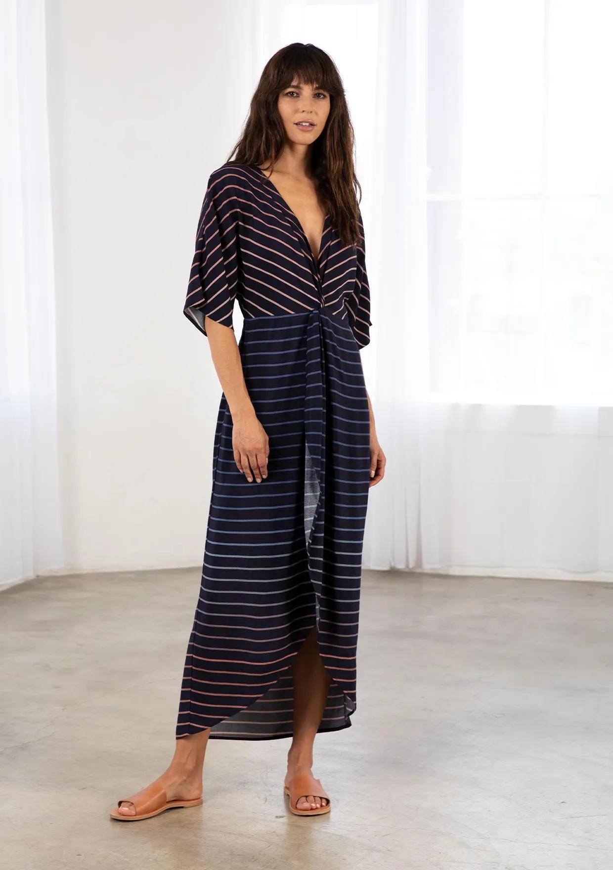 Chic Striped Kimono Sleeve Faux Wrap Midi Dress