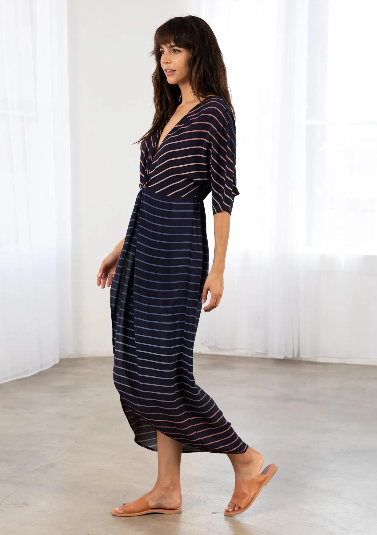 Chic Striped Kimono Sleeve Faux Wrap Midi Dress