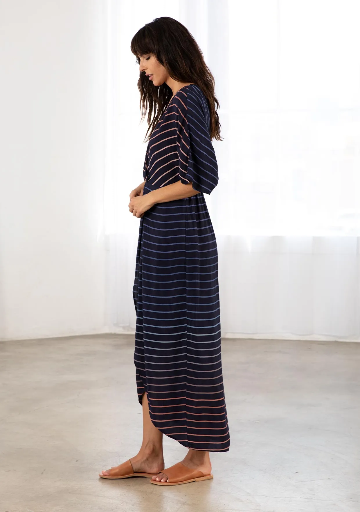 Chic Striped Kimono Sleeve Faux Wrap Midi Dress