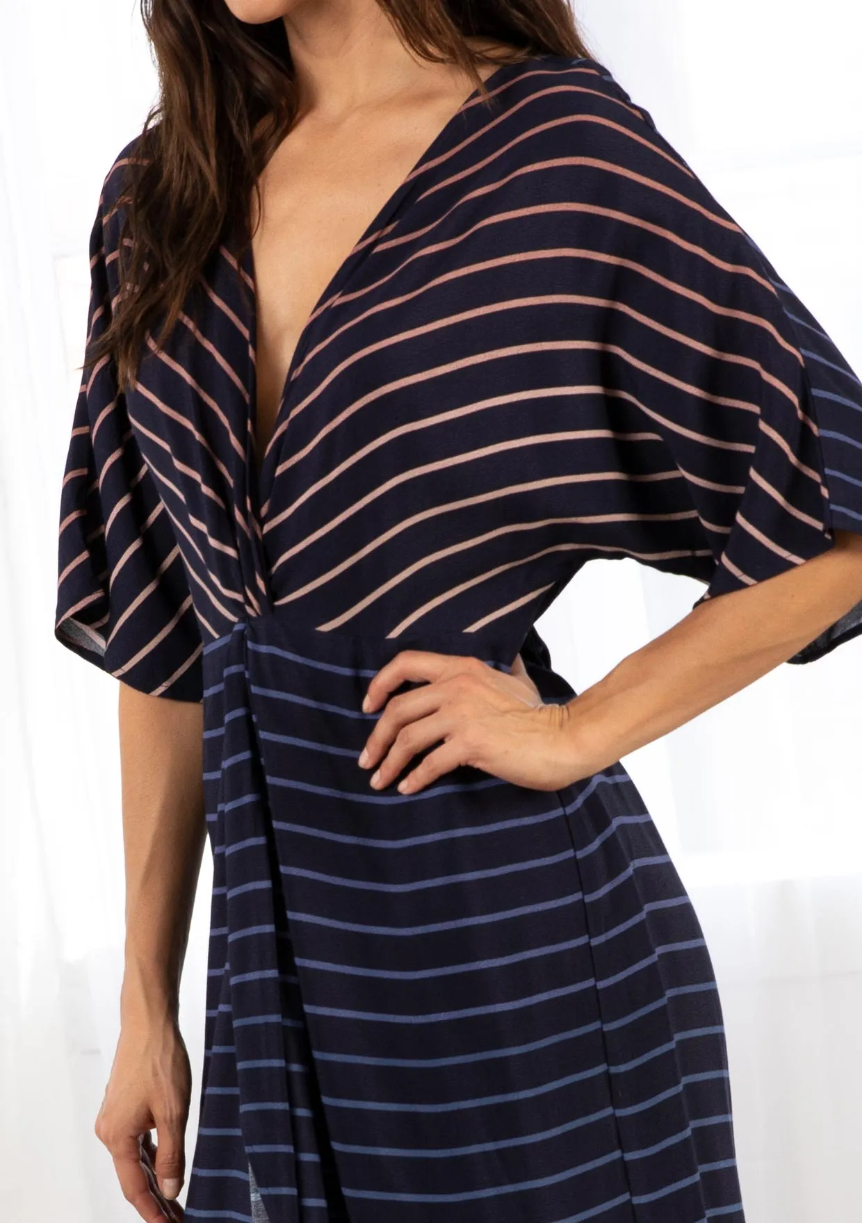 Chic Striped Kimono Sleeve Faux Wrap Midi Dress
