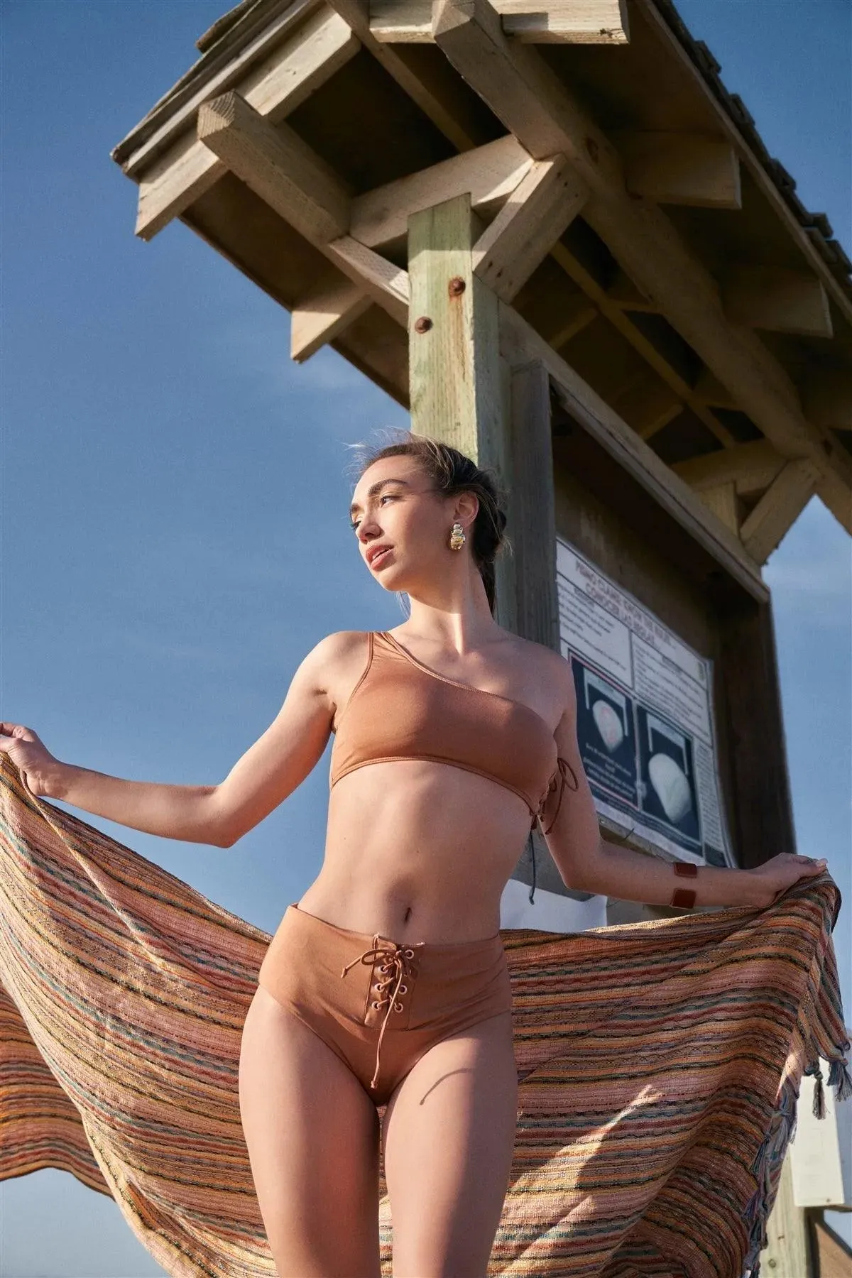 Coffee One-Shoulder Lace-Up Side Tube Top & High-Waisted Lace-Up Front Bikini Bottom Swimsuit