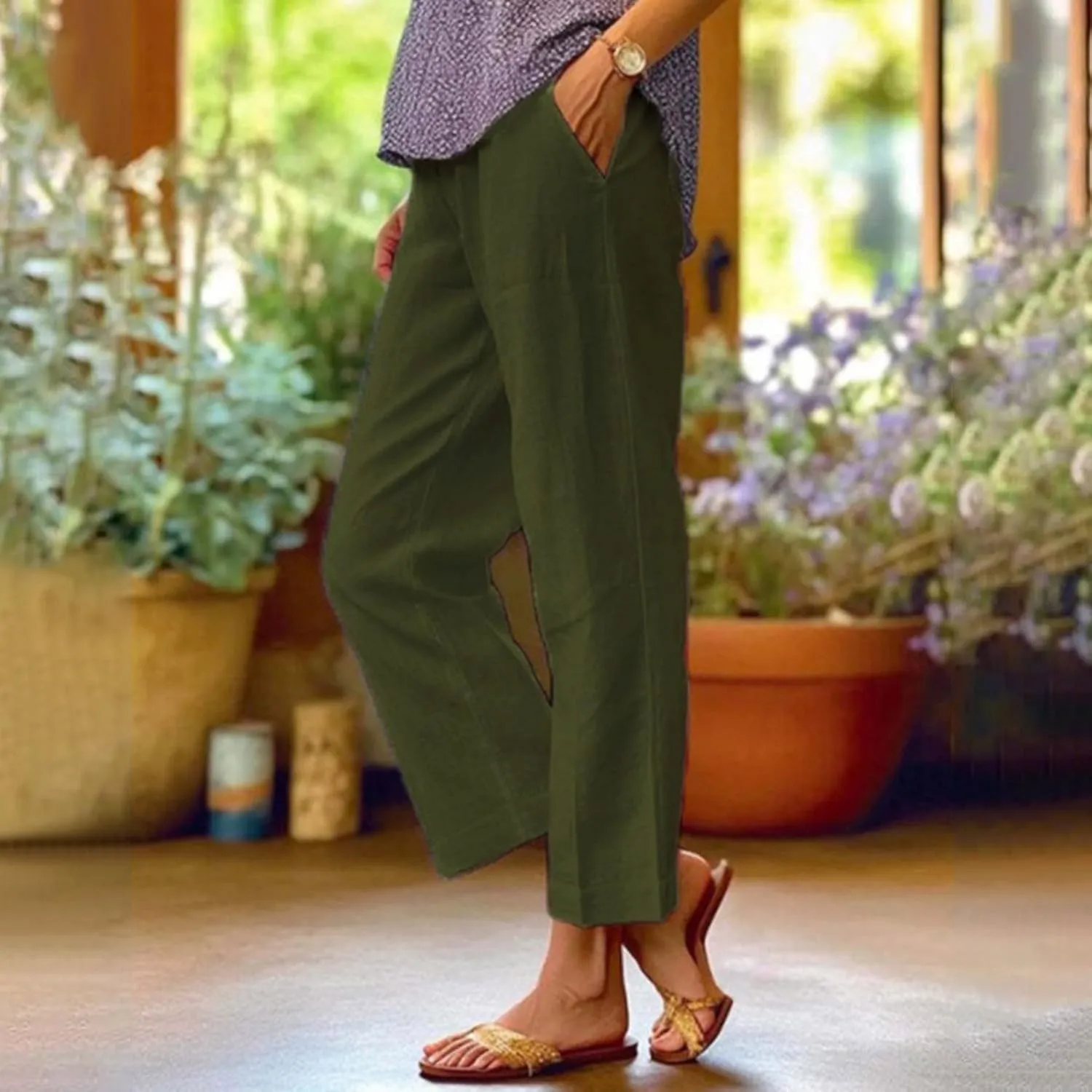 cooki Women Cotton Linen Casual Pants Drawstring Elastic High Waist Loose Comfy Straight Leg Pants with Pockets Workout Pants